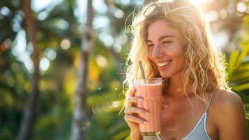 ai generado un mujer disfrutando un sano zalamero después un rutina de ejercicio foto