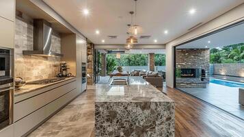 AI generated Bulk head inside a modern kitchen with stone bench interior design photo