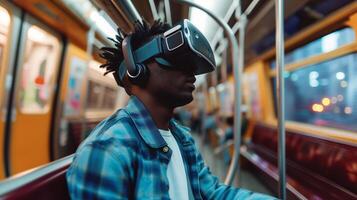 AI generated Young man using VR virtual reality glasses while taking metro subway in the city, lifestyle and technology concept photo