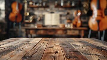 AI generated A blank wooden tabletop with blurred musical instruments and sheet music in the background ideal for promoting music related products photo