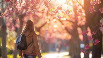 ai generado un mujer disfrutando un sin prisa caminar en un parque admirativo el primavera floraciones y remojo arriba el Brillo Solar foto