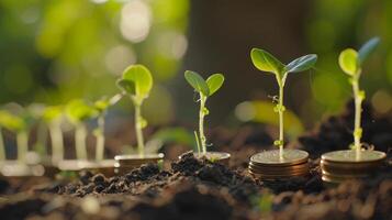 ai generado coles creciente en moneda pilas bucle verde negocio crecimiento reciclaje renovable energía ambiental conciencia concepto foto