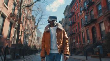 AI generated Young man using VR virtual reality glasses while walking in city street, lifestyle and technology concept photo