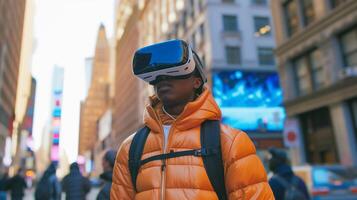 ai generado joven hombre utilizando vr virtual realidad lentes mientras caminando en ciudad calle, estilo de vida y tecnología concepto foto