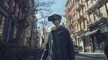 ai generado joven hombre utilizando vr virtual realidad lentes mientras caminando en ciudad calle, estilo de vida y tecnología concepto foto