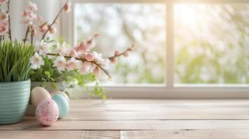 AI generated Abstract wooden tabletop with easter eggs and flower, copy space over blurred window interior background, display for product montage photo