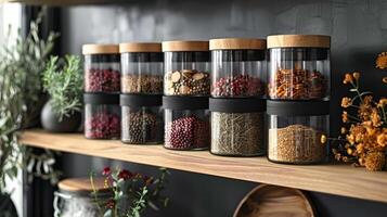 AI generated Jars filled with exotic spices on a kitchen shelf photo