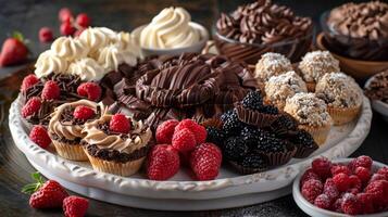 AI generated Indulgent desserts arranged on a decadent dessert platter photo