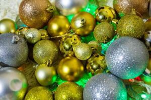 christmas background with bubbles, colorful christmas lights, christmas decorations photo