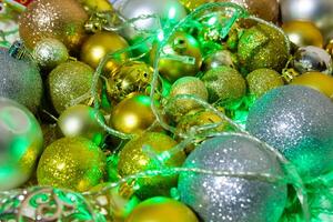 christmas background with bubbles, colorful christmas lights, christmas decorations photo