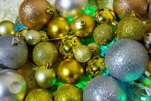 christmas background with bubbles, colorful christmas lights, christmas decorations photo