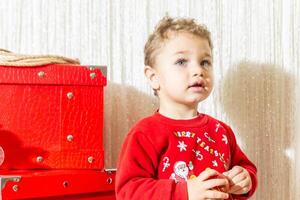 el pequeño niño jugando con Navidad decoraciones en estudio, pequeño niño con Navidad pelota foto