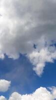 Transformation of beautiful white puffy clouds. Timelapse of amazing cloudscape moving in the sky. Vertical video