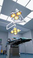 Big spacious light surgical room in modern hospital. Approaching rotating yellow light lamps hanging from the ceiling. Low angle view. Vertical video