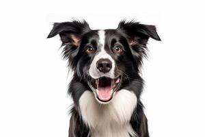 ai generado cautivador canino encanto cabeza Disparo de un negro y blanco frontera collie, atractivamente jadeo y cierre ojos con el cámara en un blanco antecedentes. creado con generativo ai foto