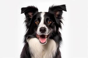 ai generado cautivador canino encanto cabeza Disparo de un negro y blanco frontera collie, atractivamente jadeo y cierre ojos con el cámara en un blanco antecedentes. creado con generativo ai foto