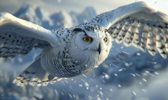 AI generated an owl flying over snowy mountains photo