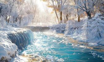 AI generated winter landscape with waterfall and snow covered trees photo