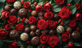 AI generated beautiful bouquet of roses, wrapped in red and gold ribbon, sits on a table next to a heart-shaped box of chocolates photo