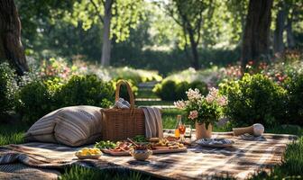 ai generado conjunto arriba un picnic cobija y cesta con delicioso comida y bebidas foto