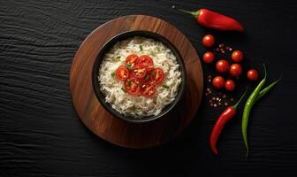 AI generated bowl of rice and chilli pepper on blackboard flat lay view photo