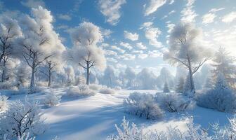 AI generated winter landscape with trees and snow photo