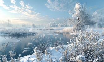 AI generated winter landscape with snow covered trees and river photo