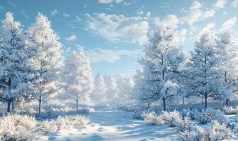 AI generated winter landscape with trees covered in snow photo