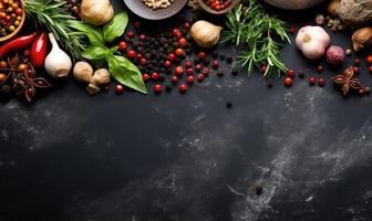AI generated Black stone cooking background. Spices and vegetables. Top view. Free space for your text photo
