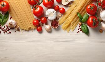 AI generated italian food, flat lay, top shot, a place for text photo