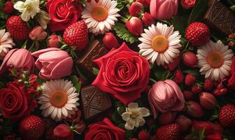 ai generado hermosa ramo de flores de rosas, envuelto en rojo y oro cinta, se sienta en un mesa siguiente a un en forma de corazon caja de chocolates foto