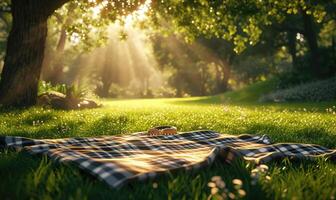 ai generado encantador picnic escena conjunto en un sereno parque, bañado en dorado luz de sol. un suave, a cuadros cobija se extiende a través de el lozano verde césped foto