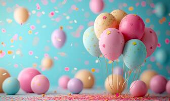 AI generated Colorful balloons and confetti on colored background, selected focus photo