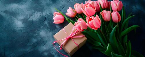 AI generated spring bouquet tulips with giftbox on grey background, spring flat lay photo