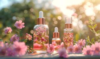 AI generated Cosmetic bottles with pink flowers on wooden table outdoors. Beauty treatment photo