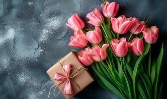 ai generado primavera ramo de flores tulipanes con caja de regalo en gris fondo, primavera plano laico foto