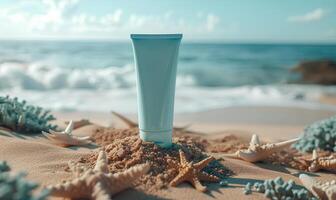 ai generado productos cosméticos en el playa. piel cuidado, vacaciones y viaje concepto. foto