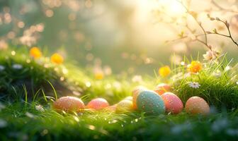 AI generated Easter background with colored eggs photo