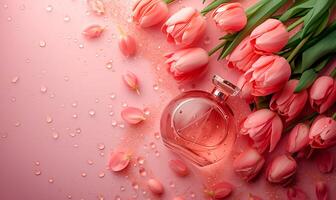 AI generated Bottle of perfume and tulips on pink background, spring flat lay photo