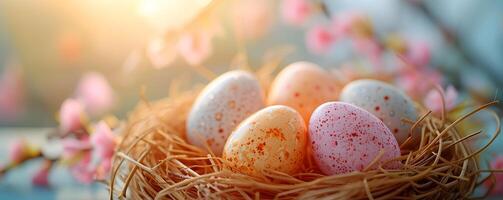 AI generated Easter background with colored eggs photo