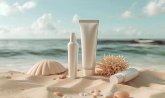 AI generated Cosmetics on the beach. Skin care, Vacation and travel concept. photo