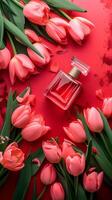 ai generado botella de perfume y tulipanes en rosado fondo, primavera plano laico foto