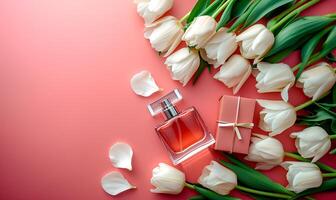 AI generated Bottle of perfume and tulips on pink background, spring flat lay photo