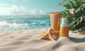 AI generated Cosmetics on the beach. Skin care, Vacation and travel concept. photo