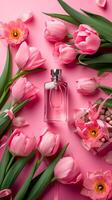 AI generated Bottle of perfume and tulips on pink background, spring flat lay photo