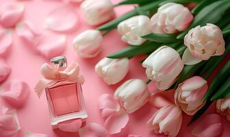 AI generated Bottle of perfume and tulips on pink background, spring flat lay photo