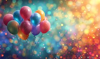 AI generated Colorful balloons and confetti on colored background, selected focus photo