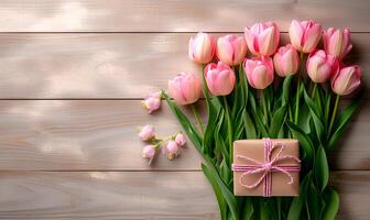 AI generated spring bouquet tulips with giftbox on grey background, spring flat lay photo