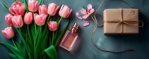 ai generado botella de perfume y tulipanes en rosado fondo, primavera plano laico foto
