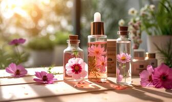 AI generated Cosmetic bottles with pink flowers on wooden table outdoors. Beauty treatment photo